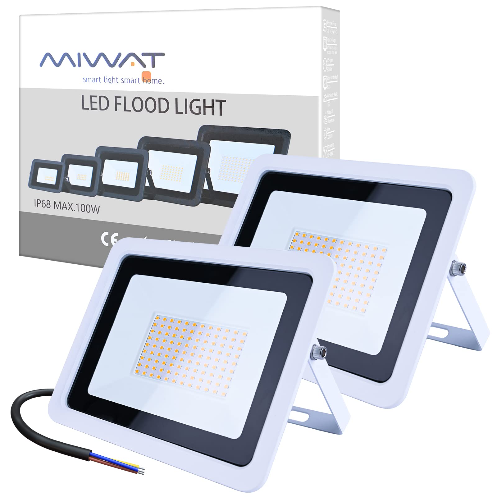 Ubanner 2 Pack 220V LED Flood Light, Warm White, IP68 Waterproof Super Bright Security Lights, Outdoor Floodlight for Yard, Garden, Playground, Basketball Court (100W)