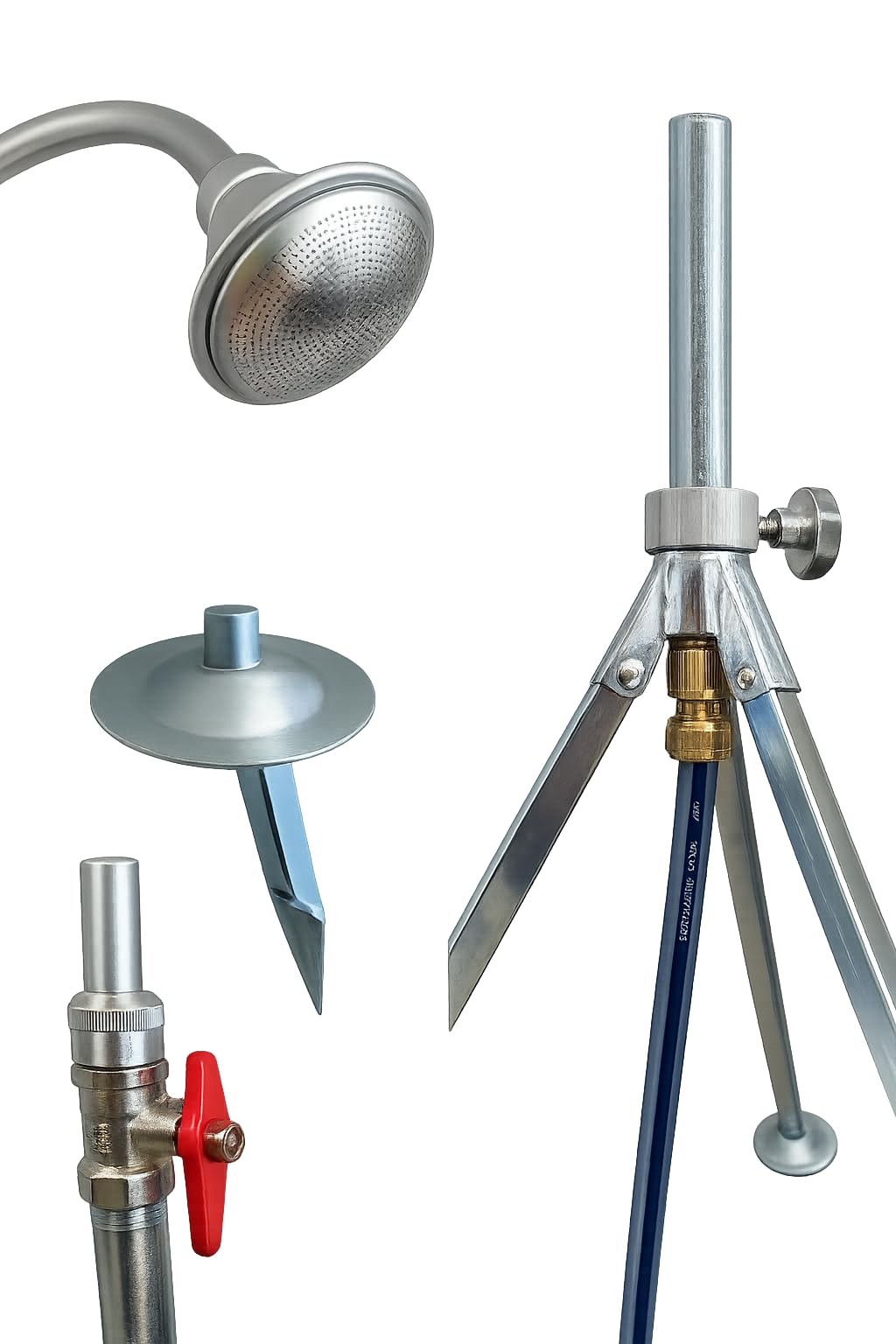 Mobile Gartendusche aus Aluminium und Messing, mit Dreibein-Teleskopstativ, höhenverstellbar 180–230 cm, 3/4-Anschluss