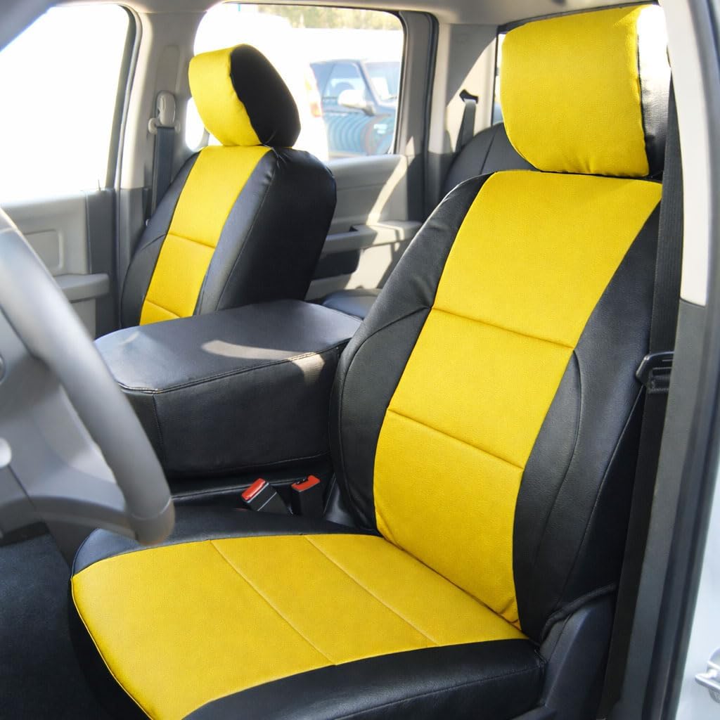 Iggee 2009~2018 Dodge RAM 1500 2500 3500 (NO LAREMIE) Artificial Leather Custom Made Original fit 2 Front seat Covers (Black/Yellow)