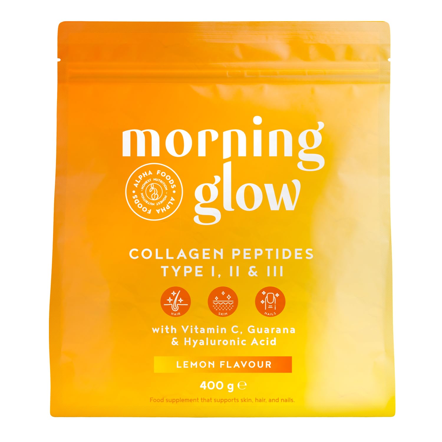 Colágeno en Polvo + Acido Hialuronico + Vitamina C 400g | Péptidos de Colageno Hidrolizado con Vitaminas C, E y Cafeína de Guaraná | para la Piel | Collagen Peptides | Sabor Limón | Alpha Foods