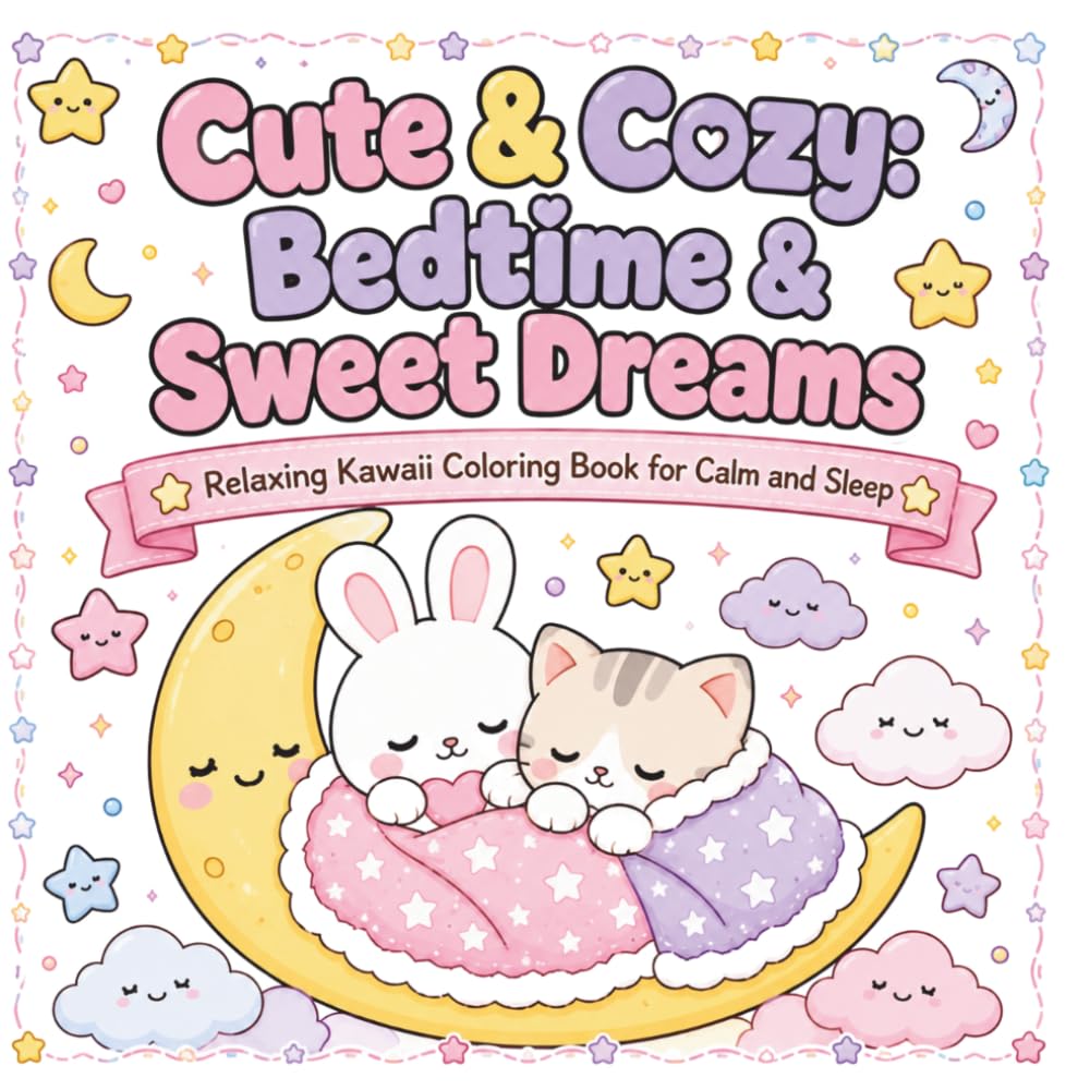 Cute & Cozy Bedtime & Sweet Dreams Coloring Book for Adults and Kids: Cute Kawaii Animals, Sweet Dreams, and Relaxing Night Coloring Pages