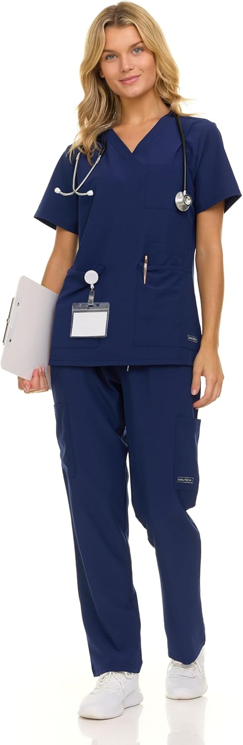 Nautica Women's Scrub Set, 9-Pocket Breathable & Stretchy Pants & Tops