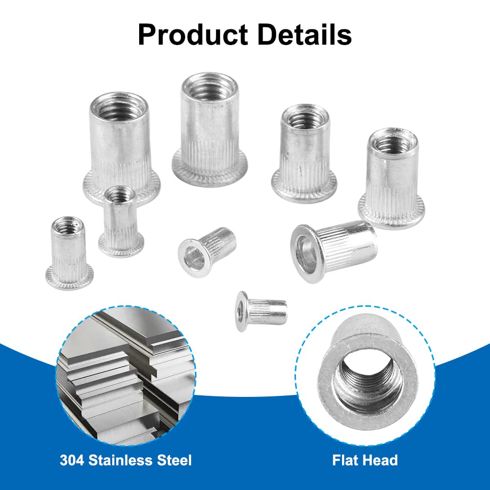 165 Écrous à Rivets en Aluminium, M3 M4 M5 M6 M8 M10 Écrous à Riveter | Écrous Filetés à Tête Plate, Ecrou a Sertir, avec Boîte de Rangement, pour Plaques Métalliques, Bois, Automobiles