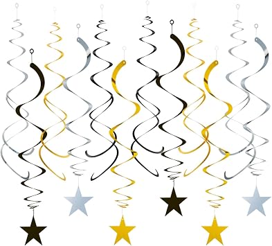 GAKA Black Gold and Silver Foil Hanging Ceiling Swirls Garland,Star Swirl Streamer Decorations for Birthday,Anniversary,Graduation Party Supplies24Pcs