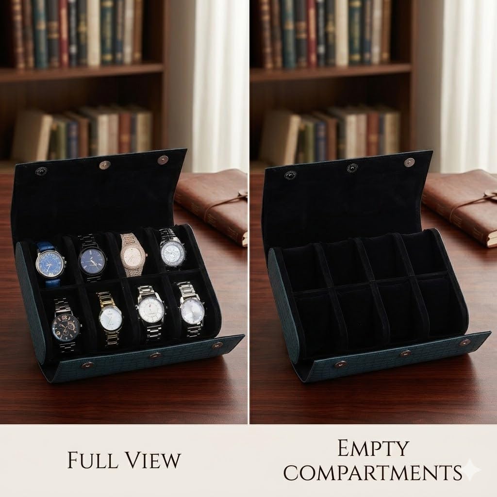essart Scatola per orologi di alta qualità a 8 scomparti, per uomini e donne, in pelle PU, organizer rotondo per orologi da viaggio, con serratura e cuscino WR-1018-Croco-verde