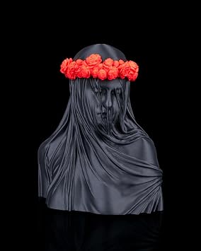 Veiled Woman Bust Sculpture, Black with Red Rose Crown, Gothic Decorative Figurine, Dark Art Home Decor