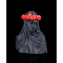 Veiled Woman Bust Sculpture, Black with Red Rose Crown, Gothic Decorative Figurine, Dark Art Home Decor