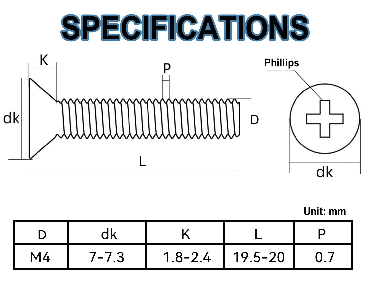Wavanta 50Pcs M4 Bolts, M4 x 20mm Flat Countersunk Head Bolts Screws, Phillips Drive Machine Bolt, 304 Stainless Steel - Image 2