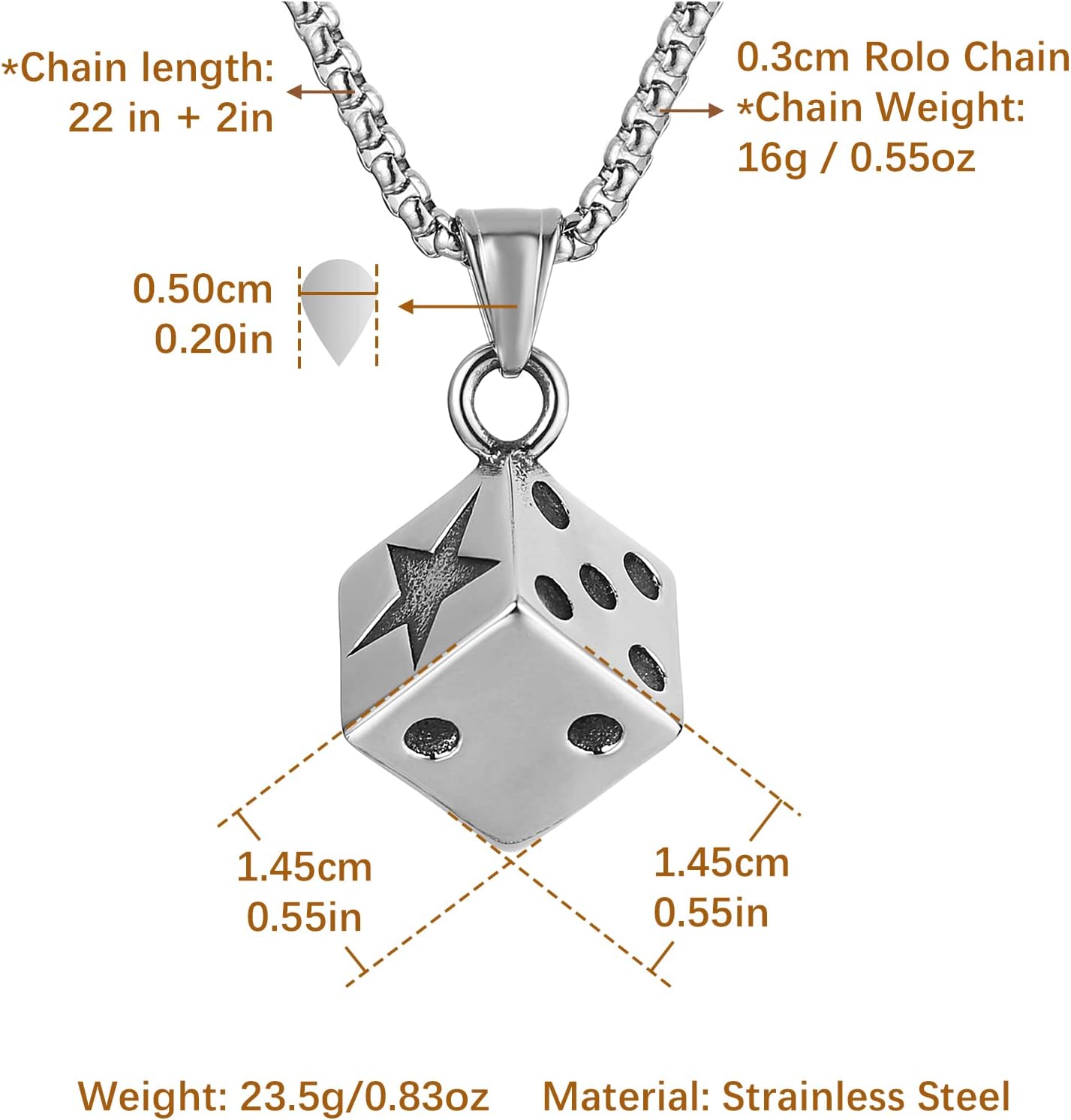 HZMAN Men's Dice Necklace, Stainless Steel Gothic Bar Pendant, Lucky Jewelry 22+2 Inch Box Chain (Silver) - Image 6
