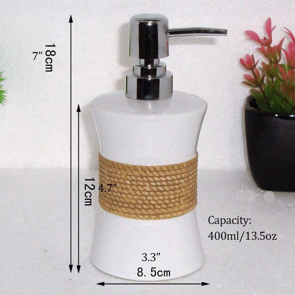 Distributeur de Savon en céramique avec Pompe, Blanc, Aspect Bois, antidérapant, pour la Douche, la Cuisine ou la Salle de Bain, 400 ML.