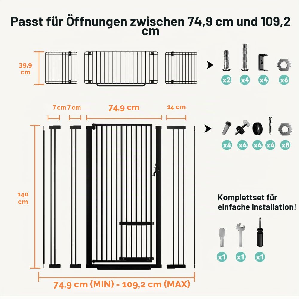 COMOMY 180 cm Extra Hoch Türgitter Katze/Hund, 75-110 cm Extra Breit Türschutzgitter mit Verstellbarer Katzenklappe, Tierschutzgitter Ohne Bohren für Treppen, Türen, Küche (Schwarz)