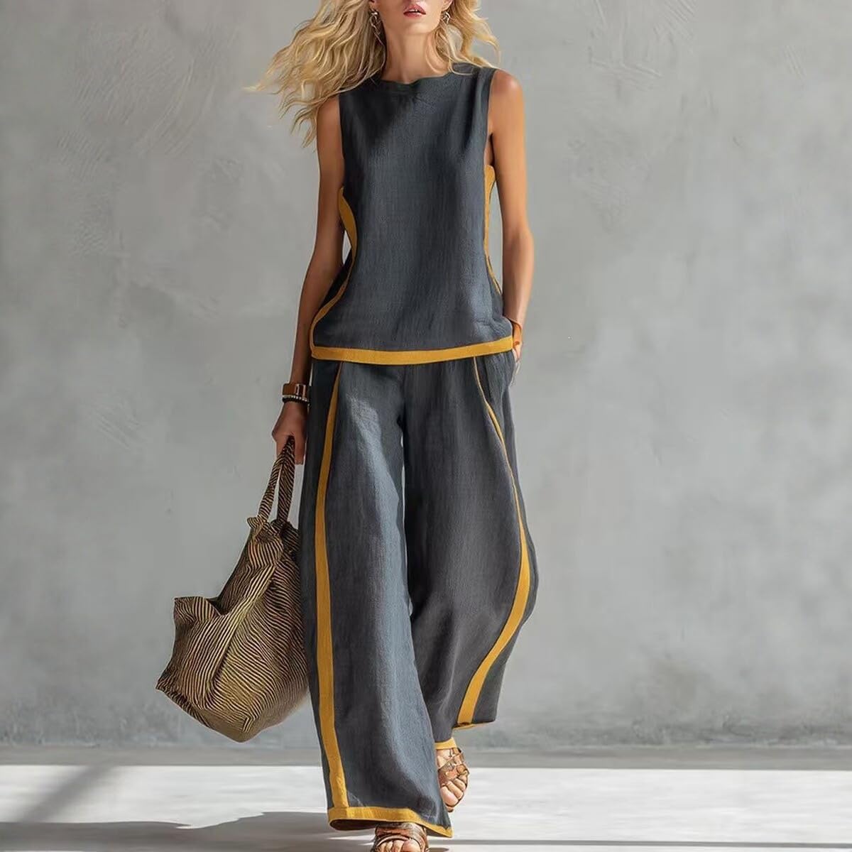 conjuntos De Verano De 2 Piezas para Mujer En Mezcla Lino, Top Sin Mangas con Cuello Redondo Y Bloques Color, Pantalones Pierna Ancha Talle Alto, conjunto Casual Holgado para Estar En Ca