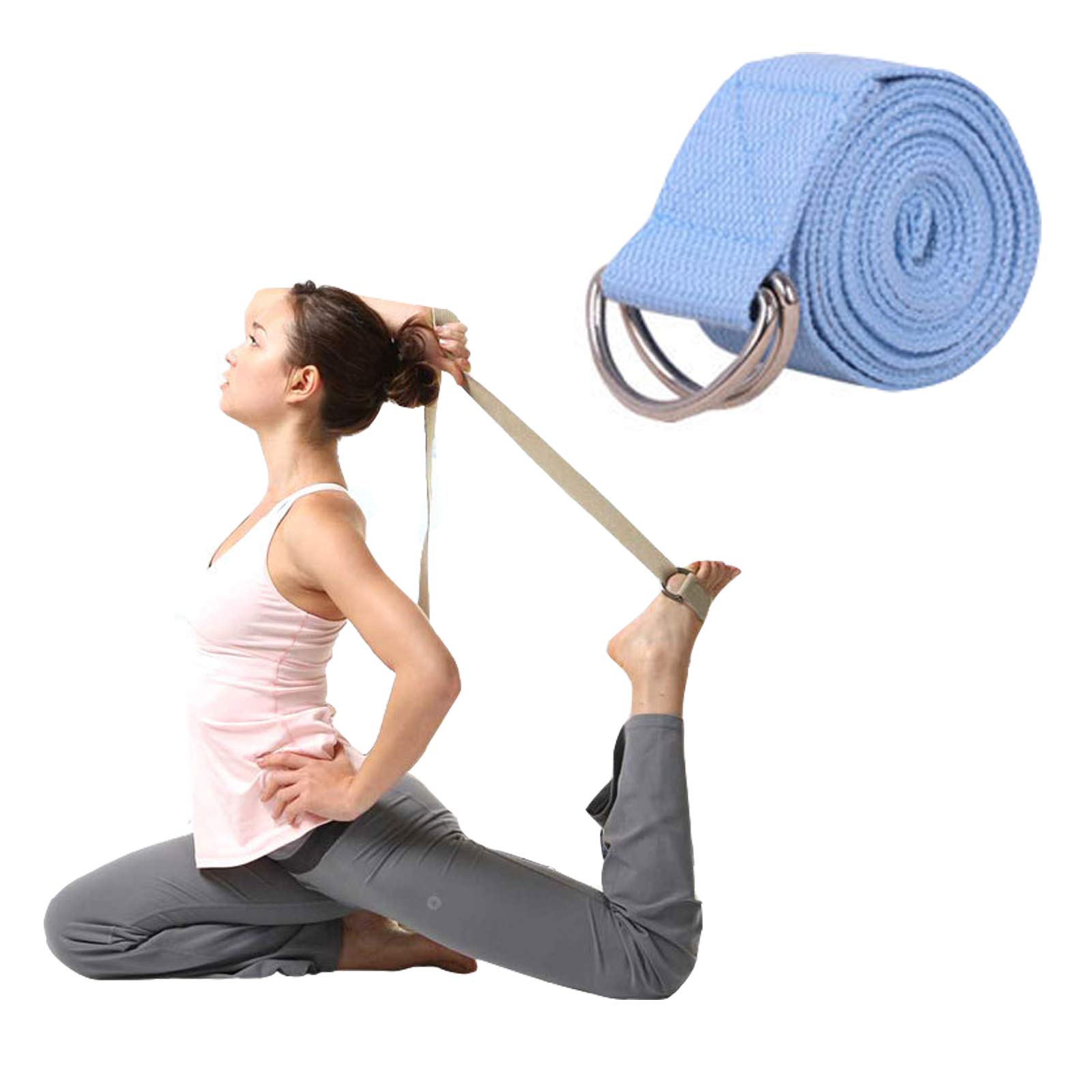 LZQpearl D-Ring Buckle Yoga Strap, Yoga Belt, Durable Cotton Adjustable Belts, for Stretching, Holding Poses, Improving Flexibility and Physical Therapy (Light Blue)