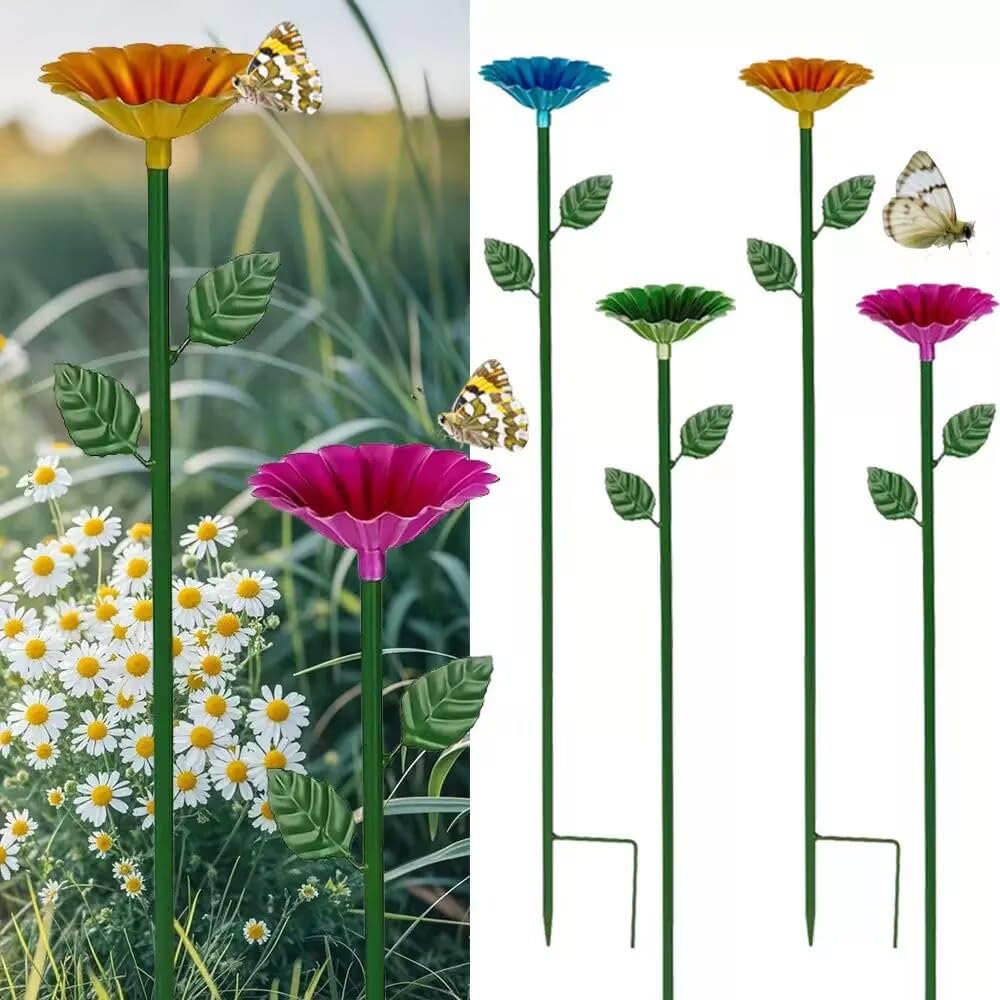 4Pcs Flower Bee Waterer for Garden, Reinforced Metal Bee Feeder Stake with Rust-Resistant Powder Coating, Bright Decorative Bee Drinking Station for Lawns & Flower Beds, Easy Tool-Free Setup