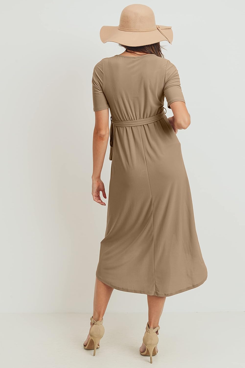 Women's Maternity Wrap Dress Midi Length with Waist Belt (Medium, Mocha Solid)