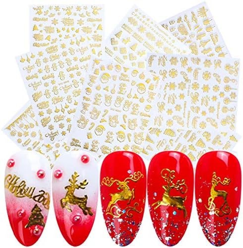 9 Sheets 3D Christmas Nail Art Decals Gold Self-Adhesive Nail Stickers Winter New Year Nail Art Decoration Santa Claus Tree Snowflake Deer Snowman Nail Design Sticker for Christmas Party Supplies
