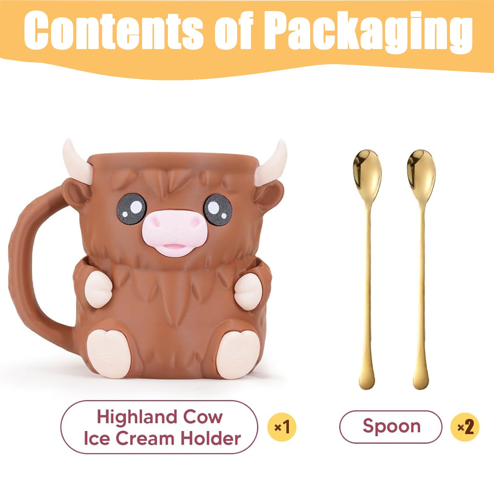 Highland Cow Ice Pint Holder, tazza per gelato con cucchiaio, riutilizzabile, protezione antigoccia per ragazzi e ragazze (C) (A)