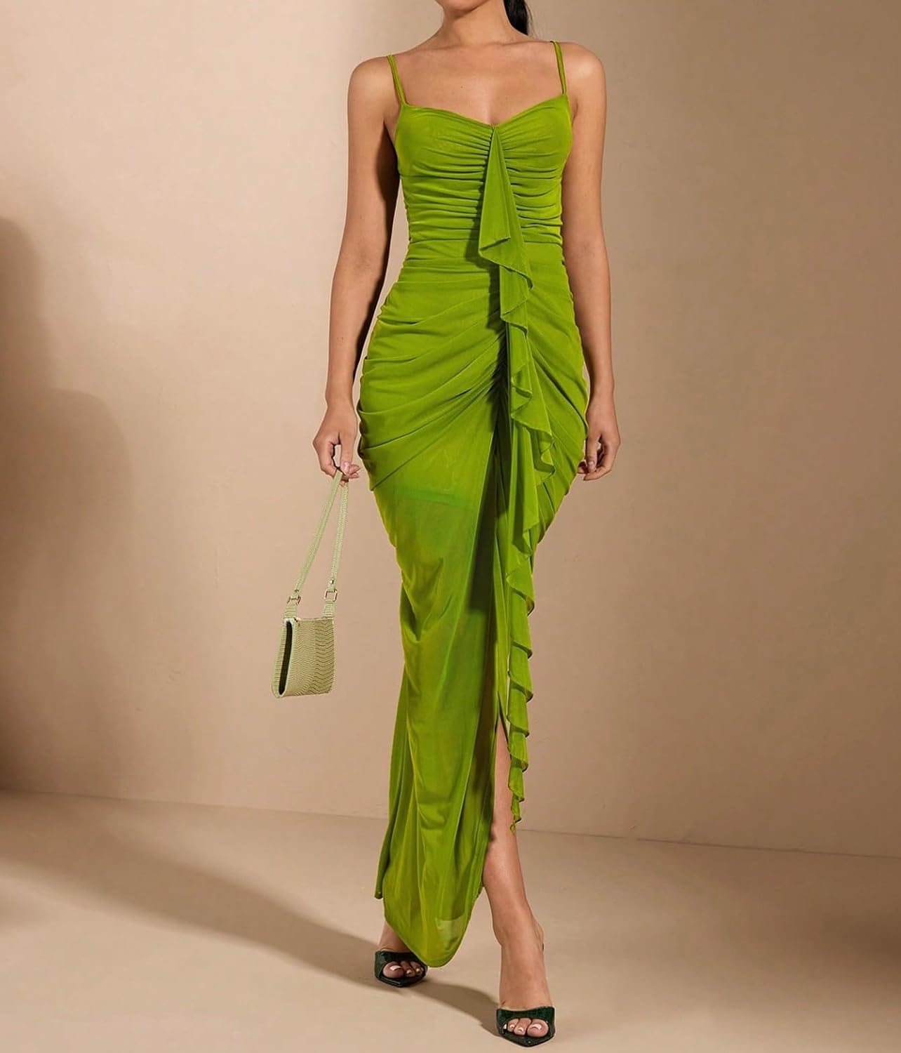 SKAYS Women's Summer Cami Ruffle Ruched mesh Elegant Split Bodycon Maxi Party Wedding Guest Dress - Image 3