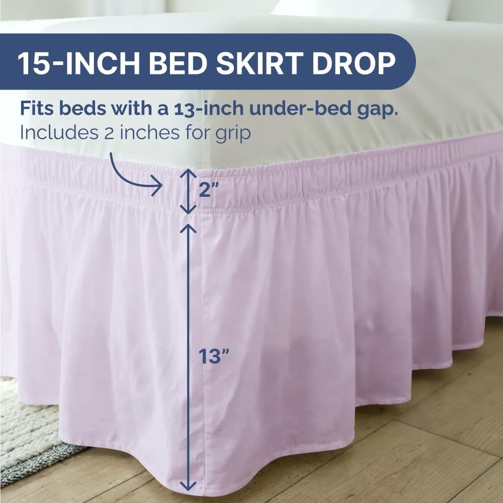 Wrap Around Dust Ruffle Bed Skirt - Light Lavender - for Queen Size Beds w/ 15 Inch Drop - Easy Fit Elastic Strap - Adjustable Pleated Bedskirt w/Brushed Fabric Wrinkle Free, Women, Men, Kids & Teens