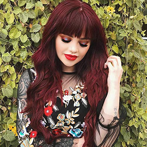 Nnzes Long Wavy Wigs with Bangs 28 Inches Wine Red Wig for Women Girl's Synthetic Heat Resistant Fiber Hair for Cosplay Party Use