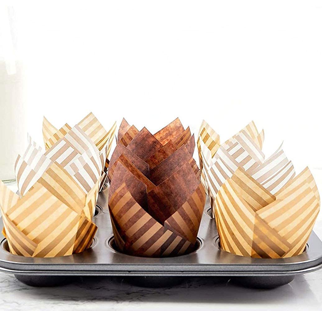 Lot de 100 caissettes en papier sulfurisé pour muffins et muffins à rayures marron