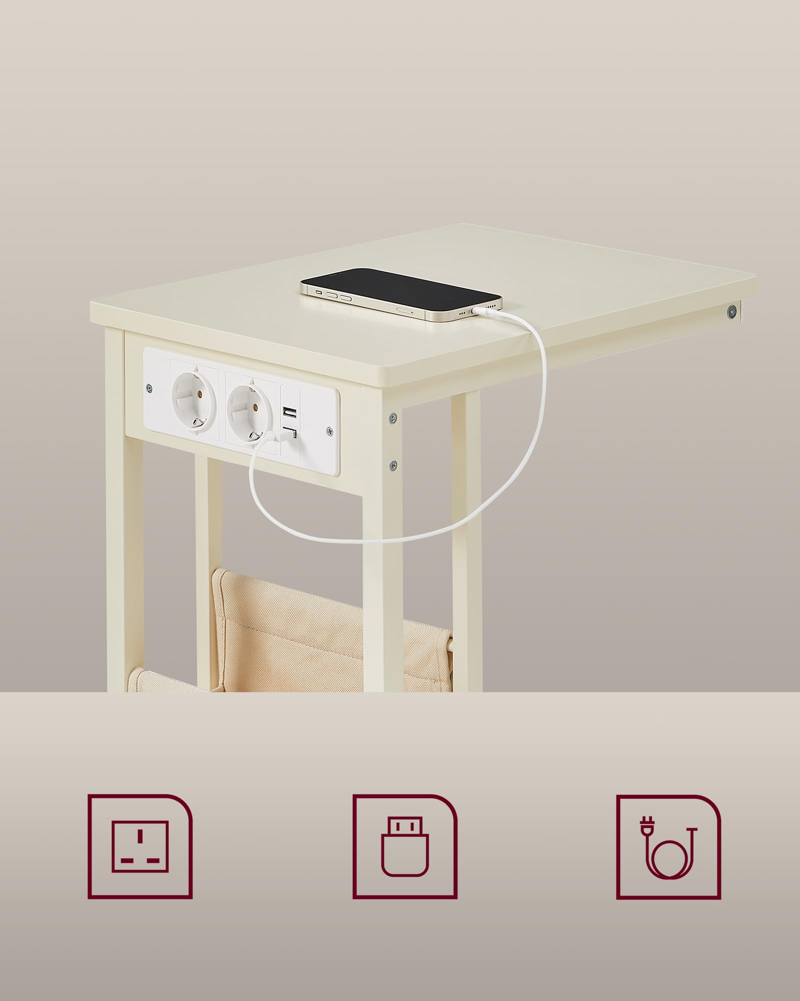VASAGLE Bijzettafel, klein nachtkastje met stekkerdoos, dun, 2 AC- stopcontacten, 2 USB-poorten, 30 x 34 x 58 cm, voor woonkamer, slaapkamer, camelbruin en zwart LET375K01