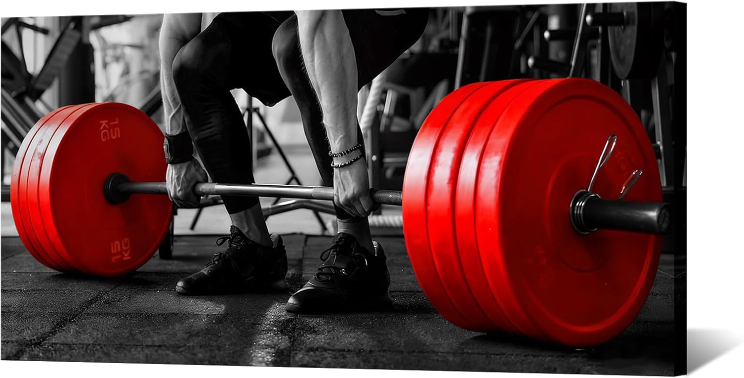 Muzenso Red Barbell Deadlift Canvas Wall Art 20x40 Inch Black and White Fitness Artwork with Red Weight Plates Motivational Strength Training Picture Modern Gym Office Home Decoration Stretched Canvas Ready to Hang