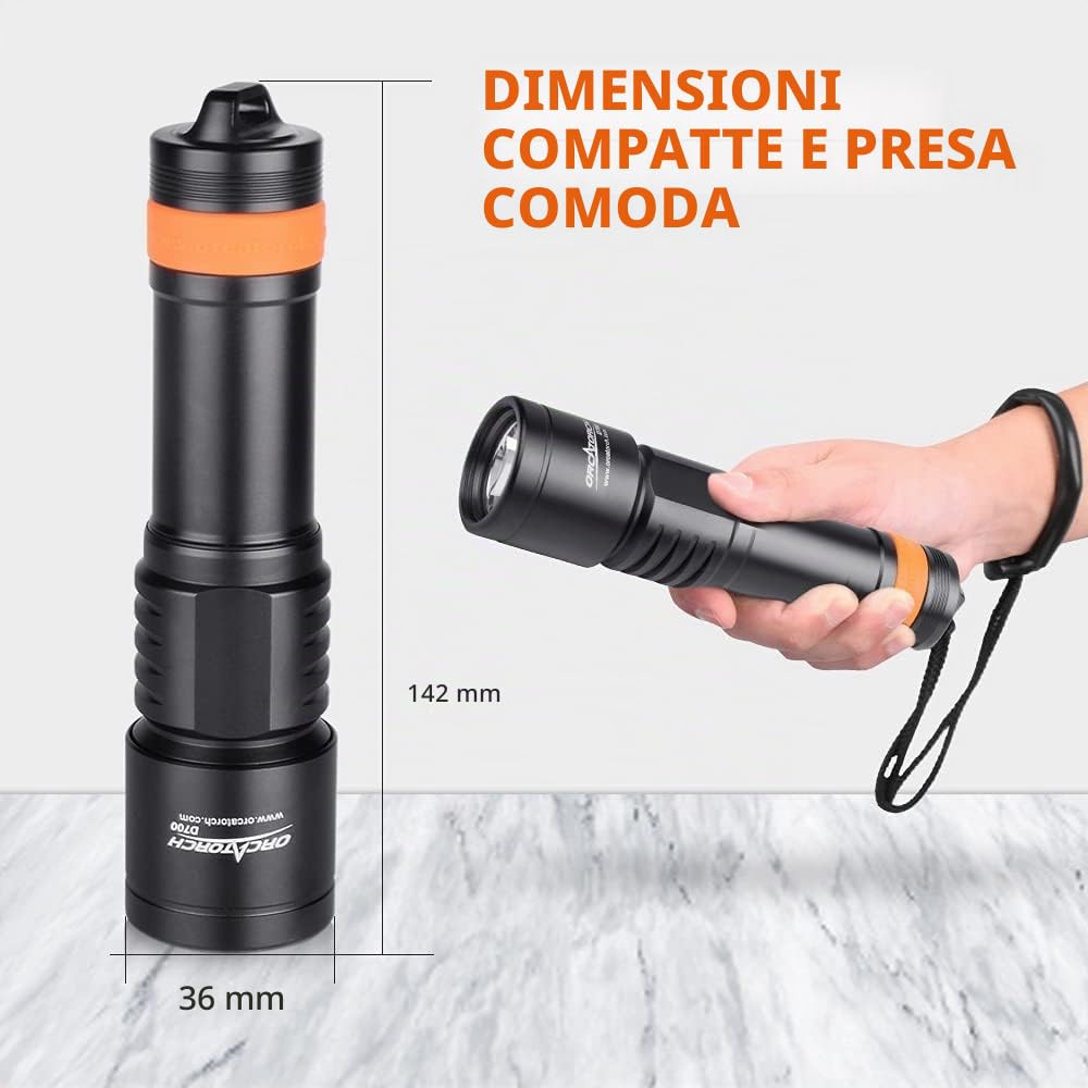 ORCATORCH D700 Torcia Subacquea Fascio 6°, 1700 Lumen, Immersioni Profonde | Interruttore Rotativo Meccanico, Luce Subacquea Di Ricambio, IP68 Impermeabile, Immersioni Notturne & Speleologia