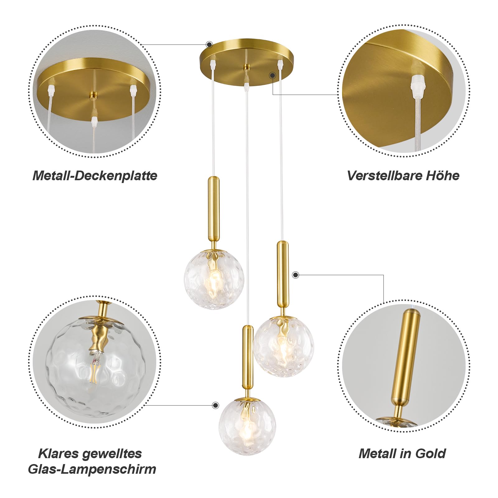 Moderne Gold Leuchte Pendelleuchte für Kücheninsel Mid Century Pendelleuchten mit Kugel Klarglas Weißglas Pendelleuchte für Esszimmer Bad Eingang Schlafzimmer(3-Licht)