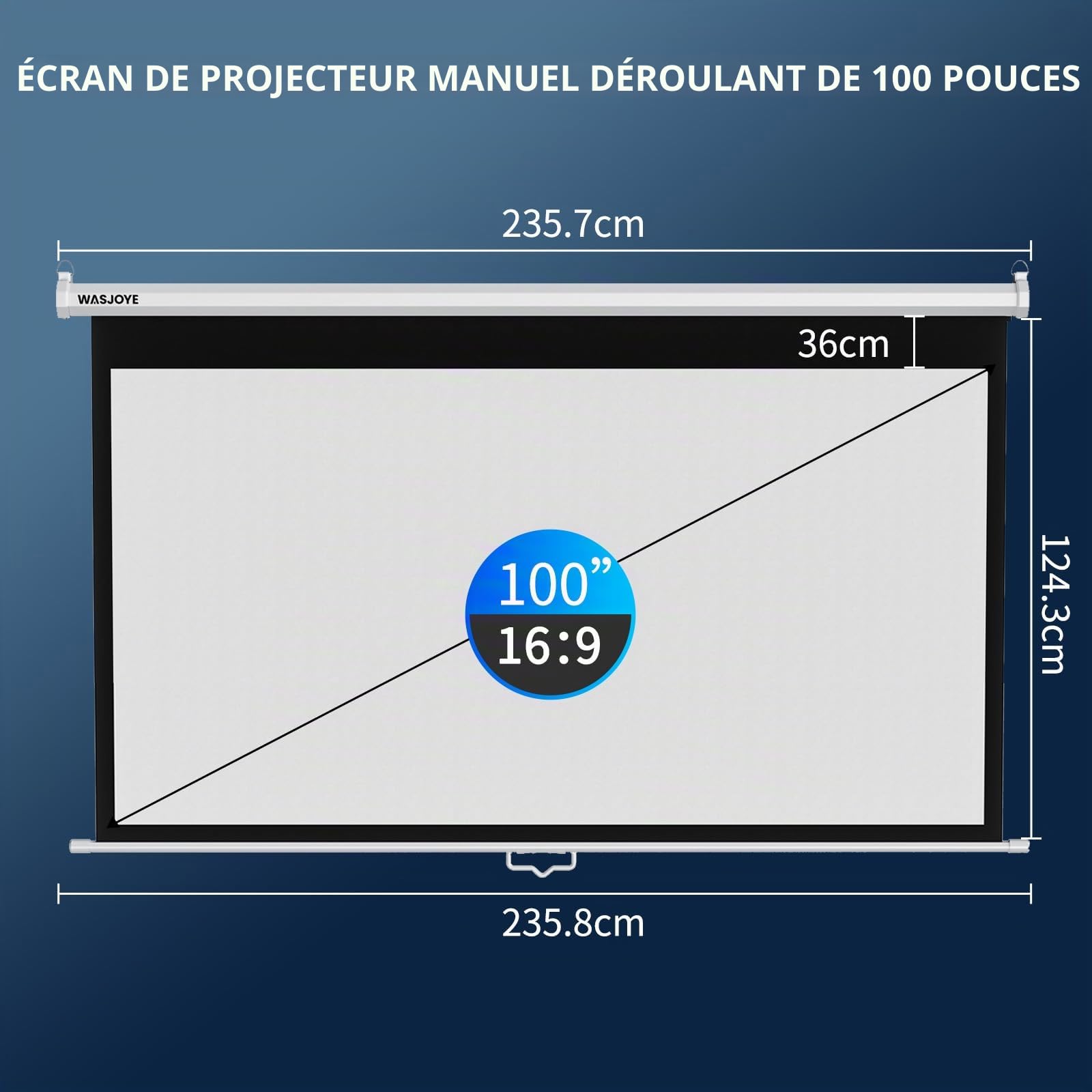 WASJOYE Écran de Projection Manuel - Universal 100" Toile Videoprojecteur Enroulable Rétractable, Projector Screen avec Verrouillage Automatique, Hauteur d'Ecran réglable, Lunette Noire Masquée