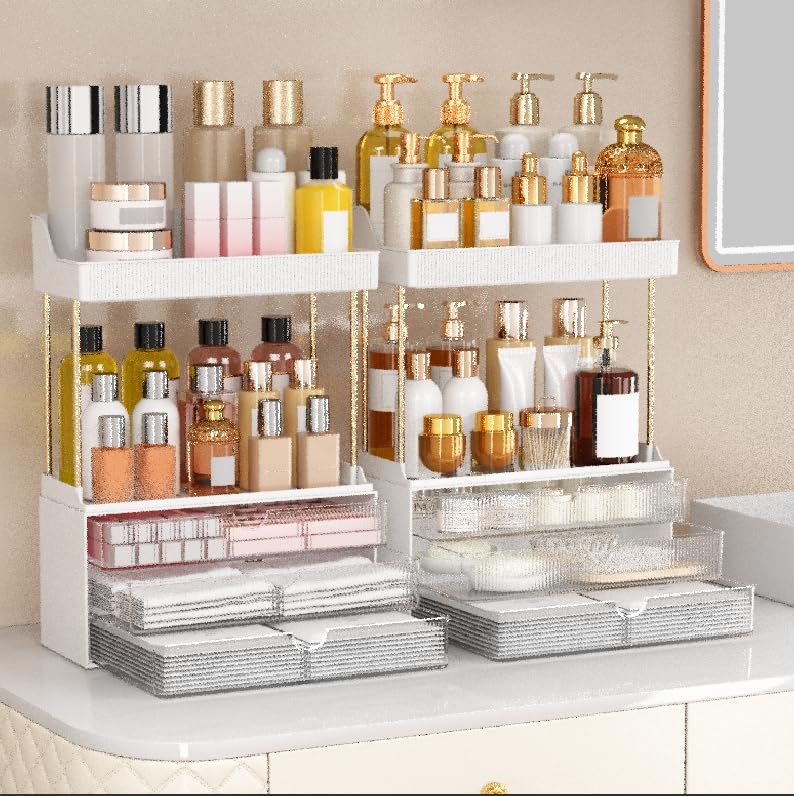Image of caktraie 2 Pack Bathroom Counter Organizer - 3 Drawers Makeup Organizer, Cosmetic Storage Drawer for Dresser Countertop and Bathroom Vanity for Large Skincare, Perfume, Clear