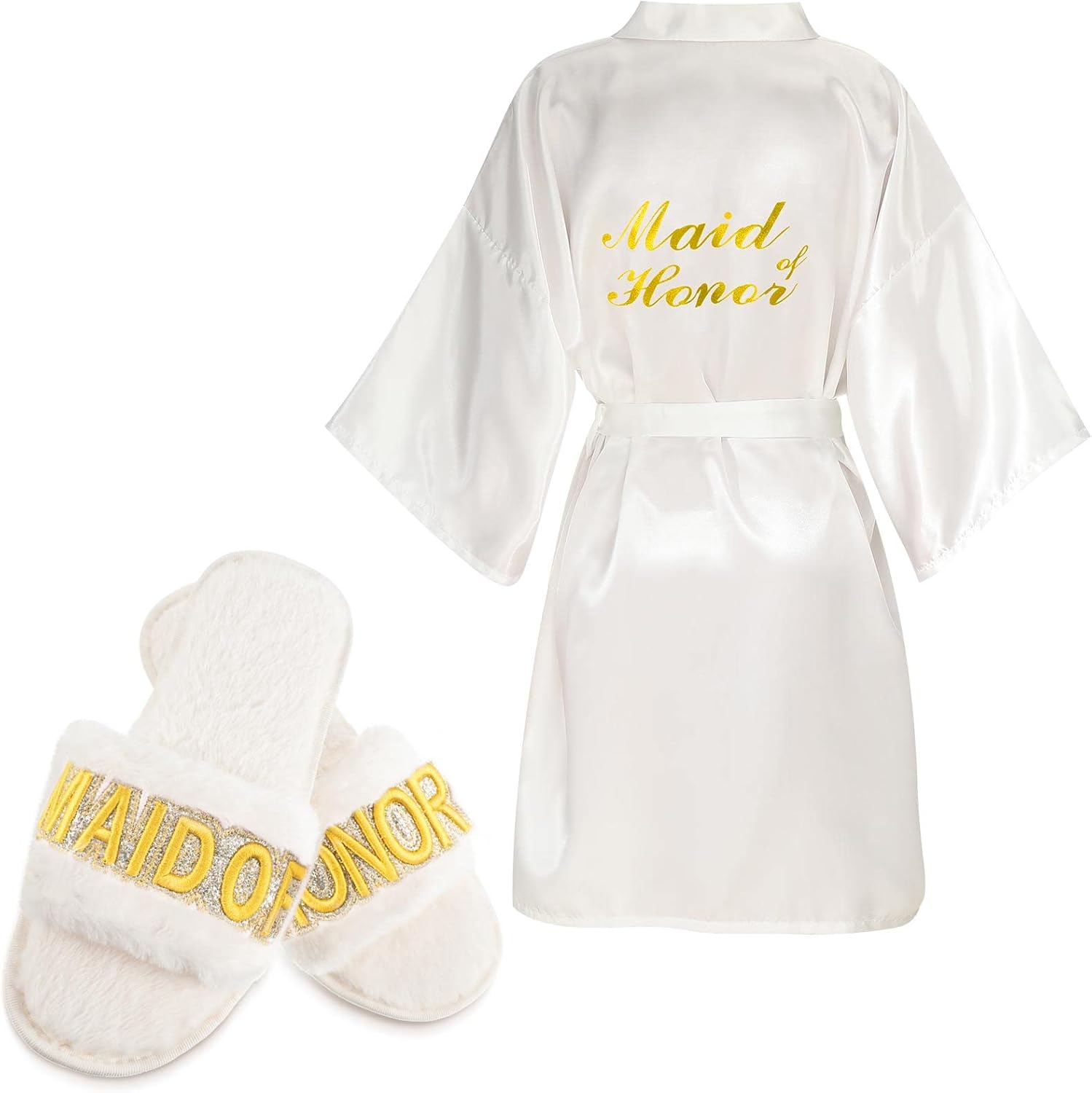 Jiuguva 3 Pcs Bride Robe and Slippers Bridesmaid Satin Robe Bridal Shower Gift for Wedding Day