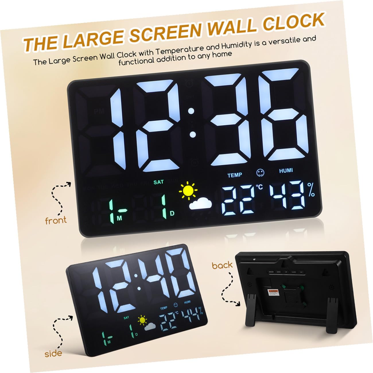 UPKOCH Orologio da Parete e Temperatura Grande Display Digitale LED Nero | Allarme Integrato, Rileva Umidità, Previsioni Meteo per Casa e Ufficio