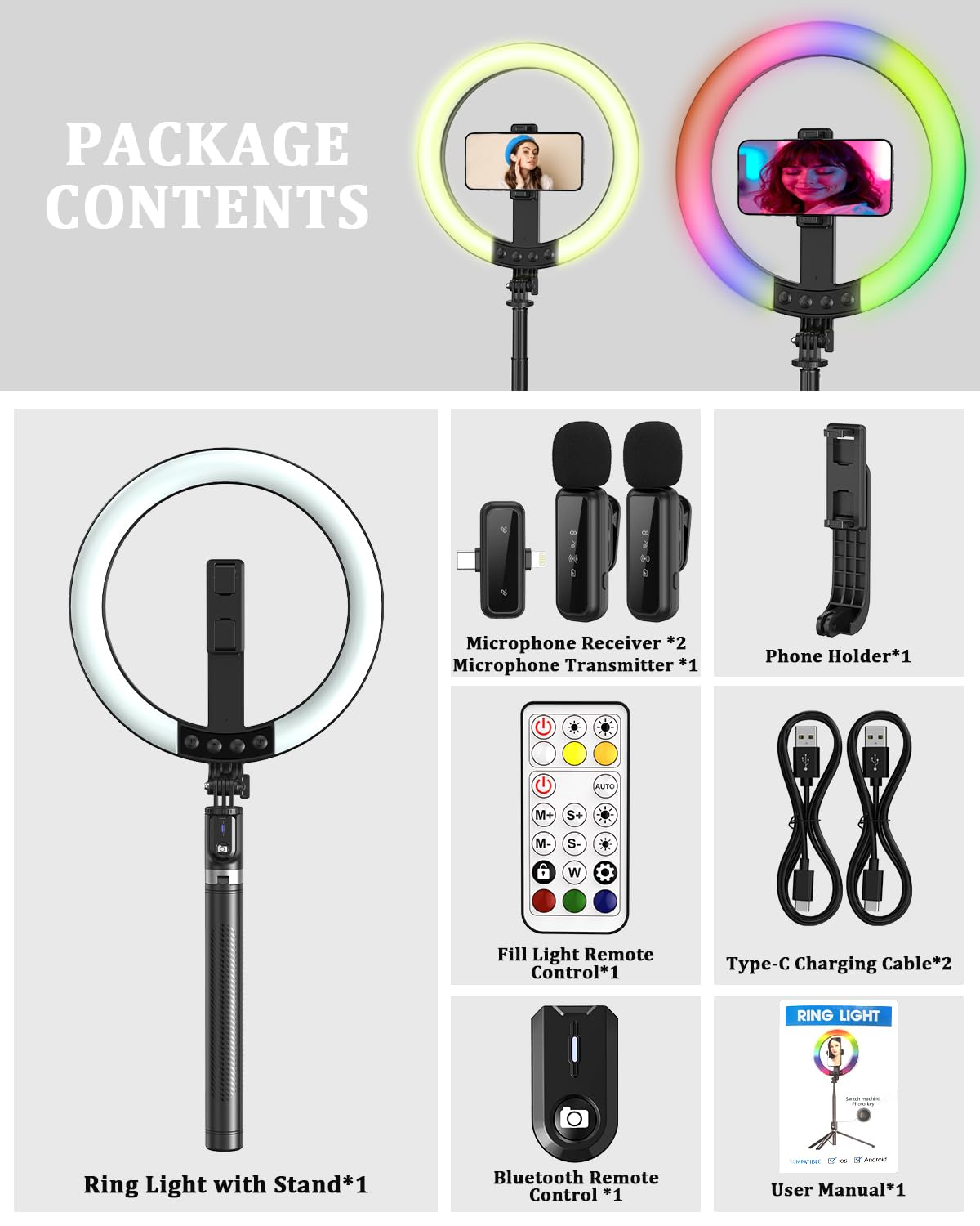 Vlogging Kit for iPhone/Android, 10” Ring Light with Stand, 74” Tripod for iPhone with Light, Microphone, YouTube Starter Kit for TikTok Content Creator: 74"