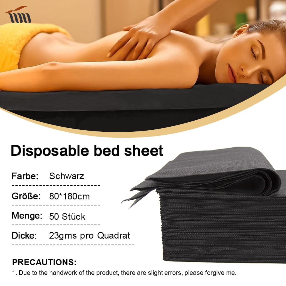 Lot de 50 Drap Jetable Table Massage, Drap de Massage Jetable Noir, Draps Jetables Pour Massage Spa Beauté, Drap Non Tissé, Drap de Lit Jetable Anti Salissure, 80 x 180 cm