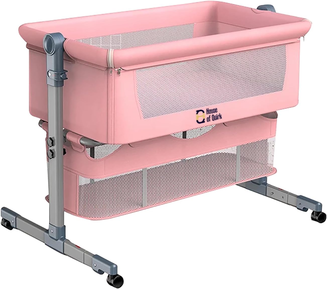 - House of Quirk Aluminum Alloy Bedside Sleeper Bedside Crib, Baby Bassinet 3 In 1 Travel Baby Crib Baby Bed With Breathable Net,Adjustable Portable Bed For Infant/Baby (Pink)