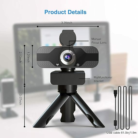 1080P Webcam with Privacy Cover Streaming Webcam with Microphone USB Tripod