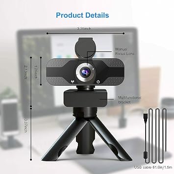 1080P Webcam with Privacy Cover Streaming Webcam with Microphone USB Tripod