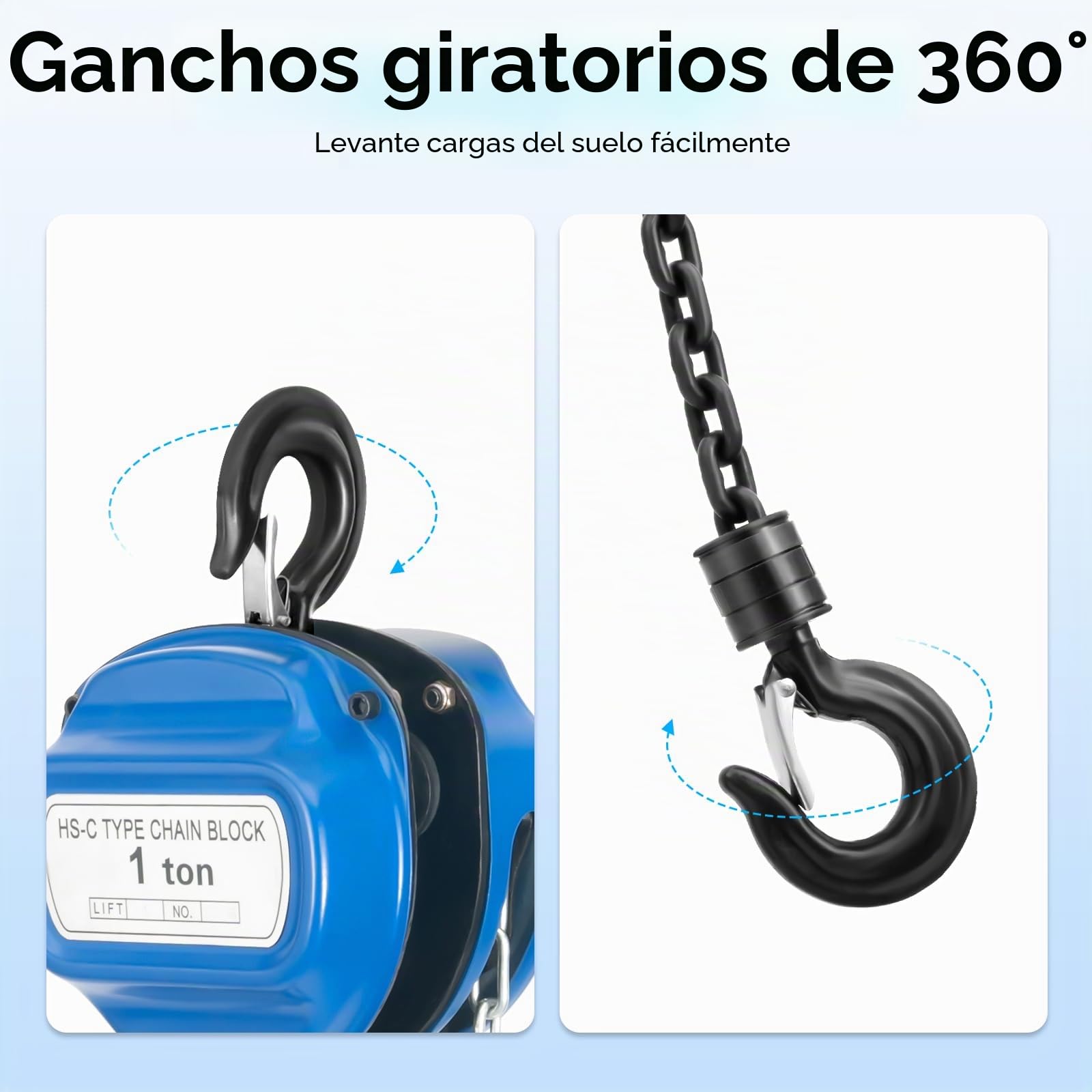 Polipasto manual de 1000 kg, 1 T con cadena de 4 m de G80 de acero al manganeso, polipasto de cadena de acero aleado, elevador de cargas con freno de seguridad, polea para taller, obra y almacén