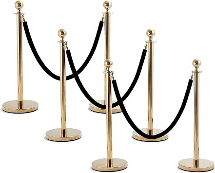 Stanchion Rope, Crowd Control Rope Barrier 6 Pcs Crowd Control Stanchions with 3 Velvet Ropes, Easy to Put Sign Queue Line, Ceremony Museums Exhibition Centers Ticket Offices Barriers Poles  Color