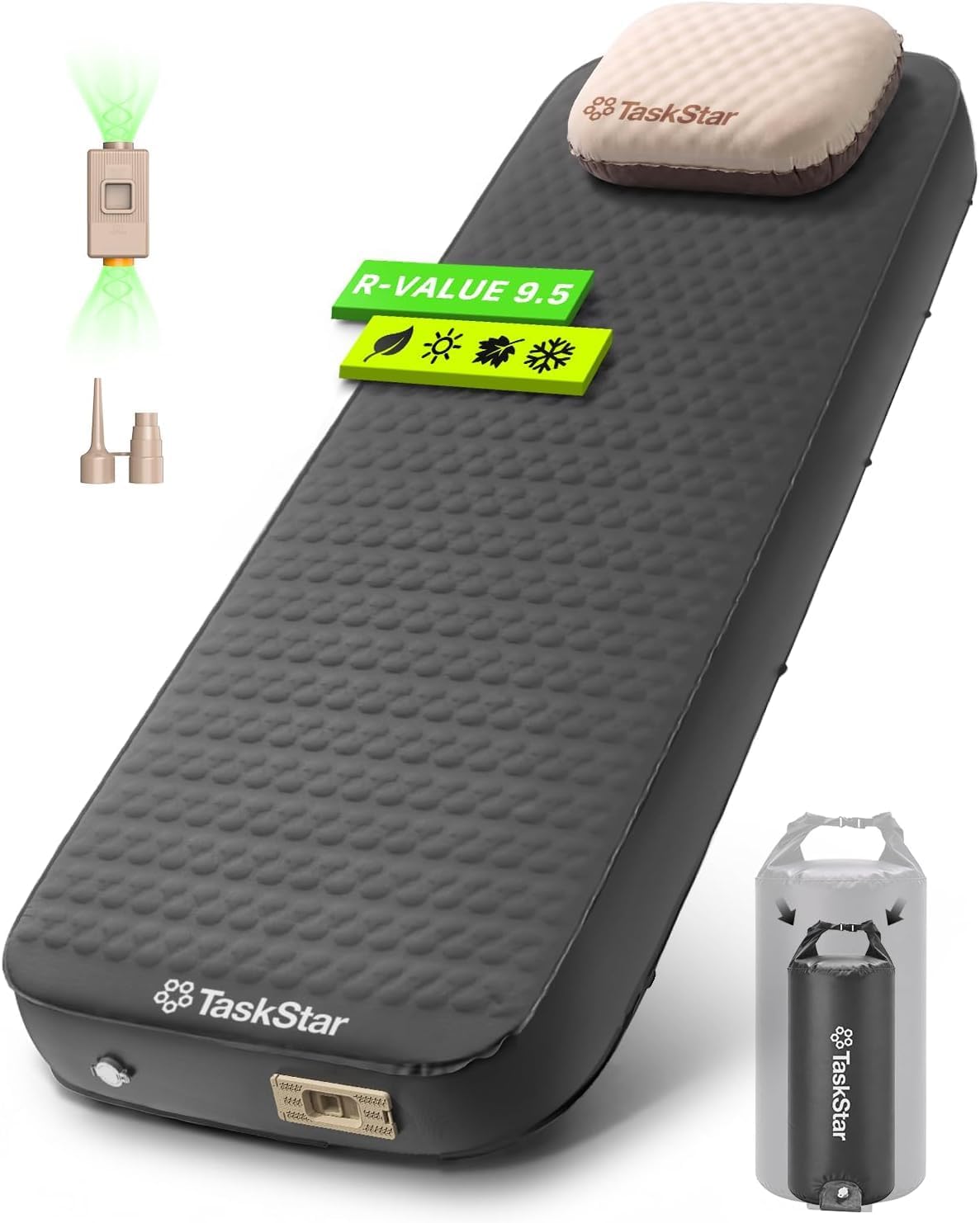 TaskStar 4" Self Inflating Sleeping Pad for Camping with Pillow, Electric Foam & Air Camping Sleeping Pad, 9.5 R-Value, 4 Season Air Mattress for Camping Essentials Gear for Tent Travel Car Cot