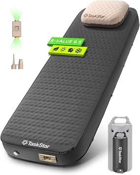 TaskStar 4" Self Inflating Sleeping Pad for Camping with Pillow, Electric Foam & Air Camping Sleeping Pad, 9.5 R-Value, 4 Season Air Mattress for Camping Essentials Gear for Tent Travel Car Cot