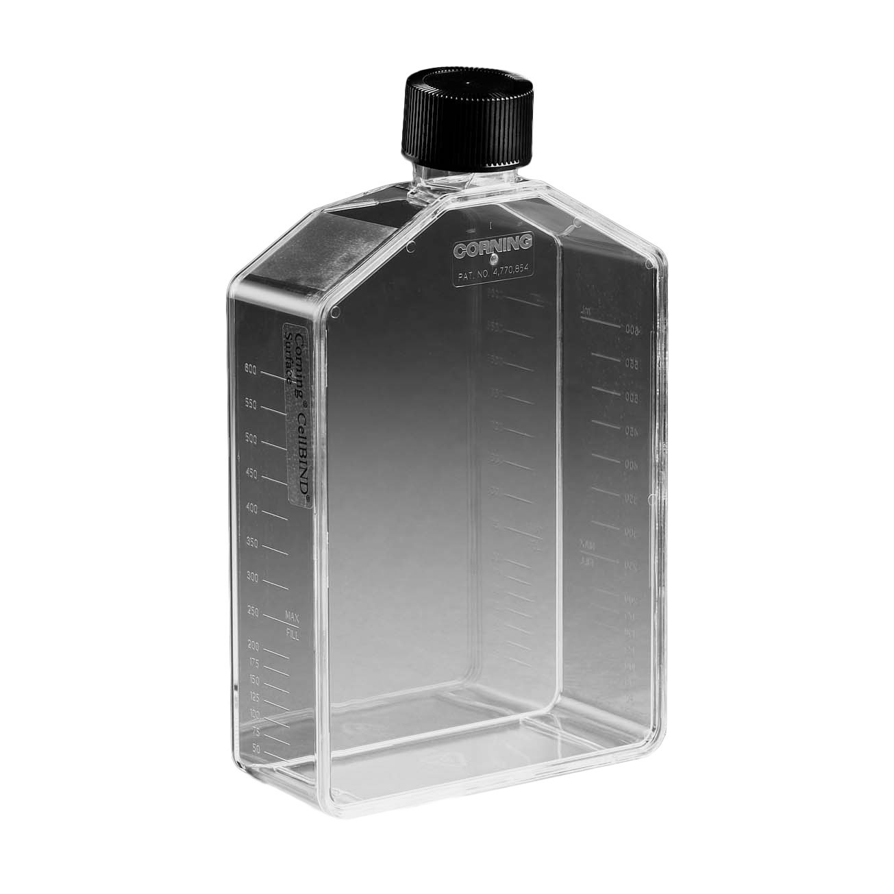 Corning 3298 Polystyrene 250mL Rectangular CellBIND Angled Neck Polystyrene Cell Culture Flask with Black HDPE Phenolic-Style Cap (Case of 50)