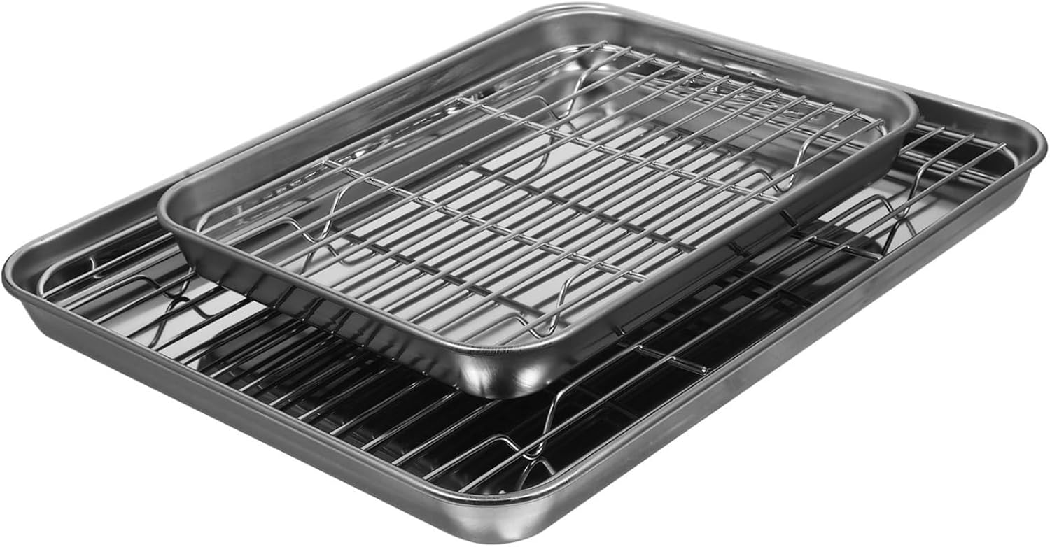 BESTOYARD 2pcs Stainless Steel Multipurpose Drain Storage Pans Square Baking Sheets for Fruits Vegetables Quick Oil Drain Space-saving Design