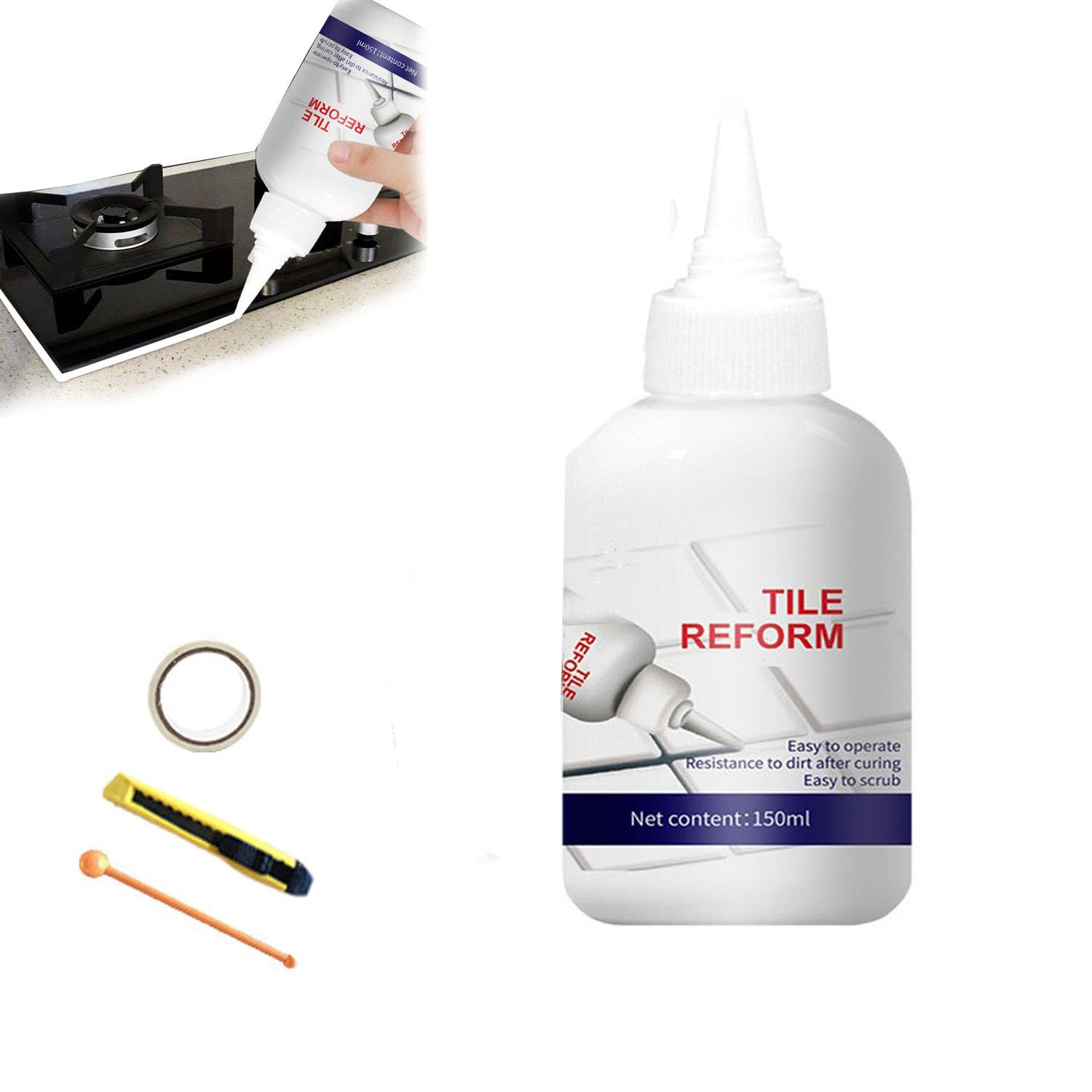 Image showing the Tile Reform bottle, a utility knife, a joint ball, and a roll of masking paper.