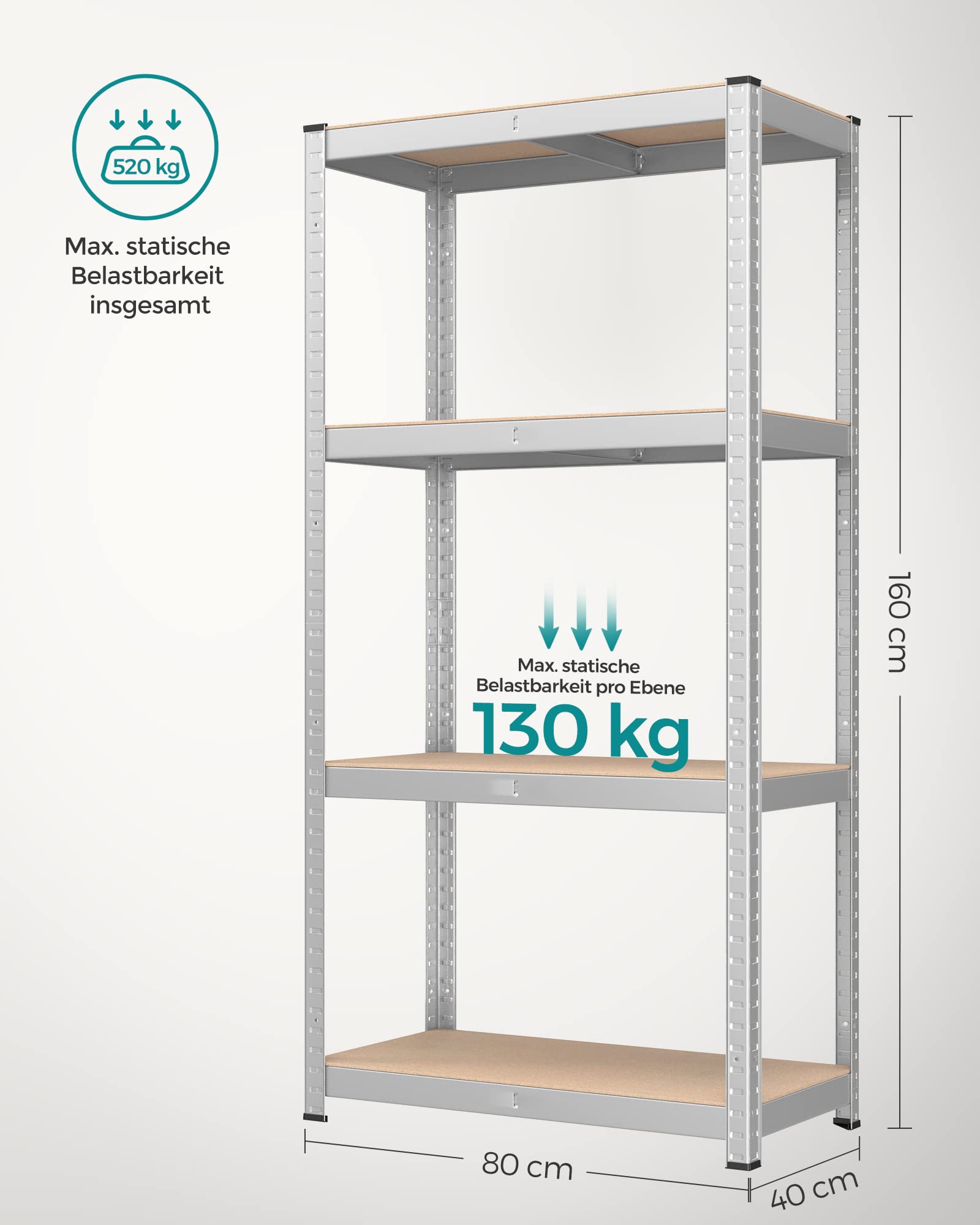 SONGMICS Schwerlastregal, 2er Set, Kellerregal, Lagerregal, 40 x 80 x 160 cm, Regal mit Stahlgestell, bis 520 kg belastbar, 4 verstellbare Ablagen, silbern GLR044E02
