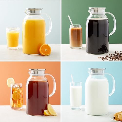 Miniatura 2 de Okuna Outpost Jarra de vidrio transparente de 2.0 litros con asa, tapa y boquilla para agua, té helado, bebidas calientes o frías, jugo de fruta,