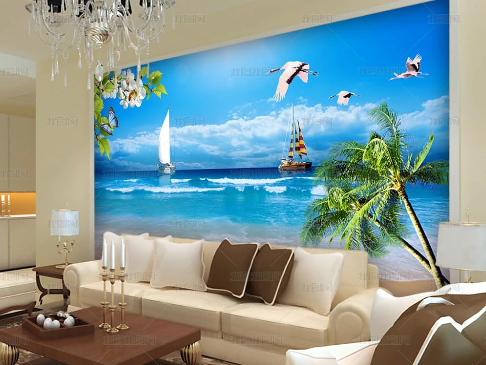 Poster géant mural intissé lavable et panoramique à motif palmiers tropicaux pour grand salon