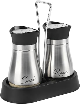 Salt and Pepper Sets, Salt and Pepper Shakers with Holder, Set of 2 Stainless Steel and Glass Bottle Salt Shaker Cellar Dispenser for Kitchen, Cooking, Camping Stainless Steel