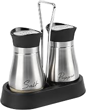 Salt and Pepper Shakers Set of 2 with Stainless Steel Stand and Glass Bottle for Kitchen Camping (Stainless Steel)